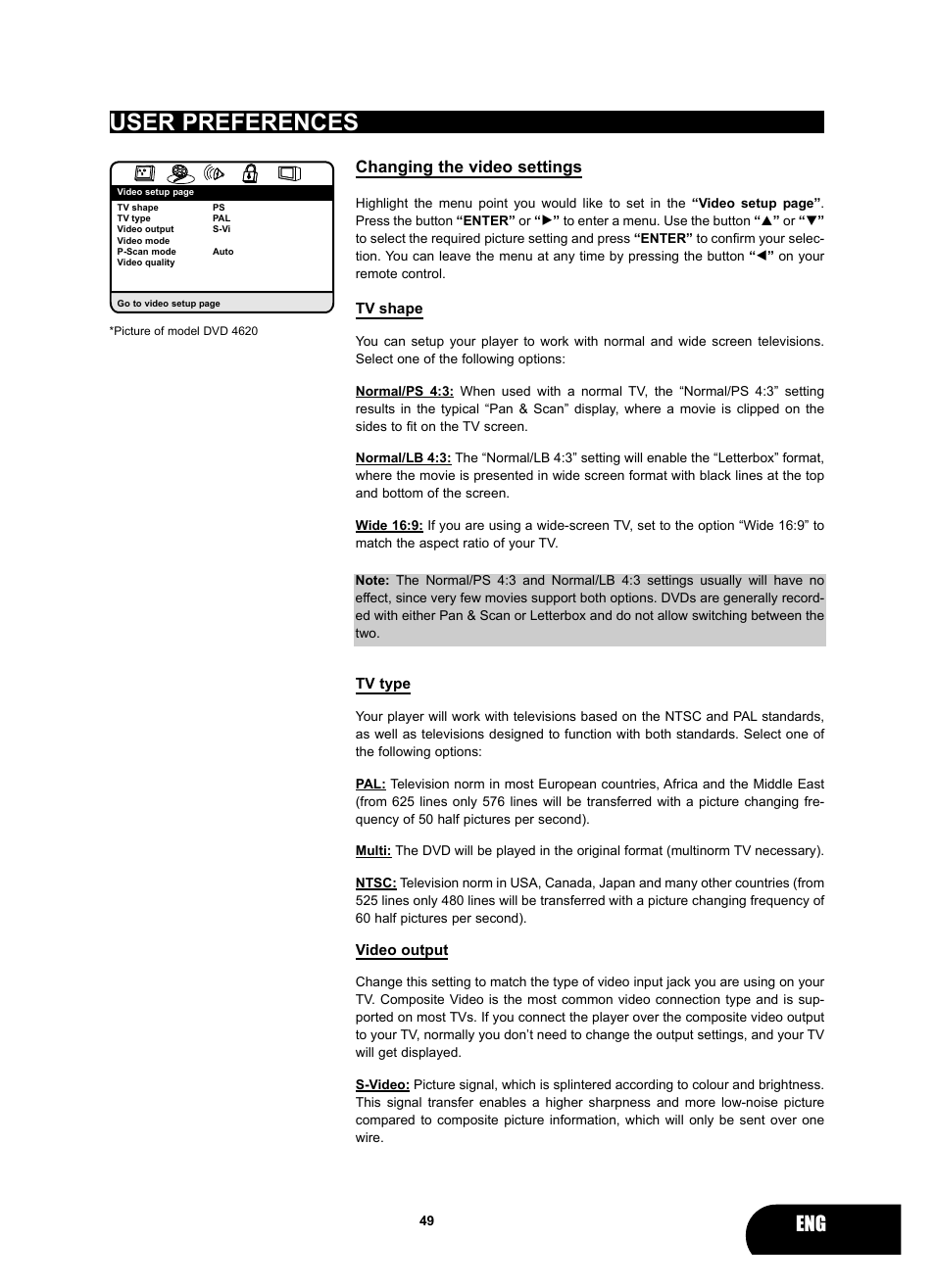 User preferences, Changing the video settings | Kodak 4620 User Manual | Page 48 / 63