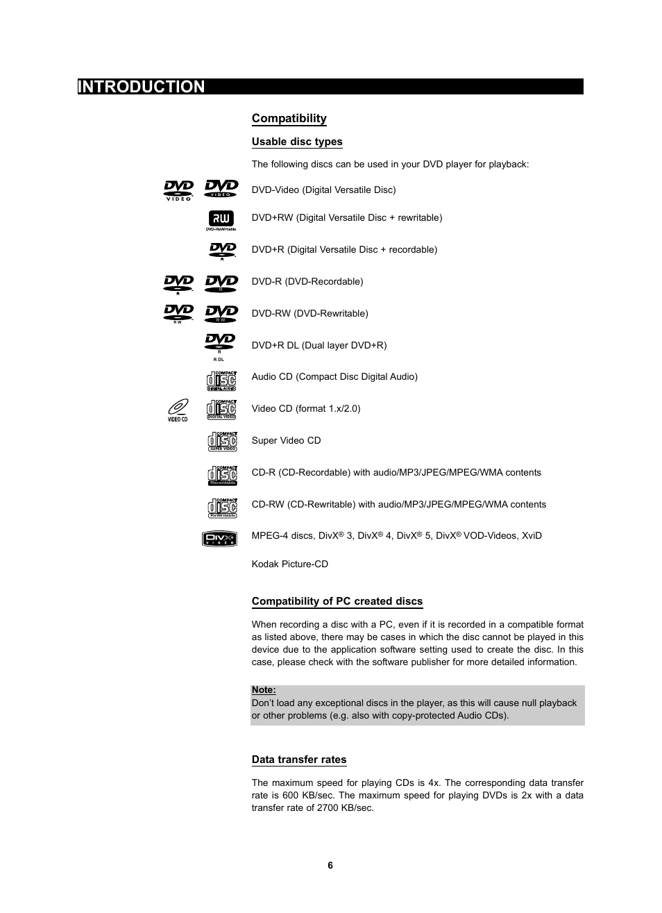 Introduction, Compatibility, Usable disc types | Compatibility of pc created discs, Data transfer rates | Kodak 4620 User Manual | Page 5 / 63