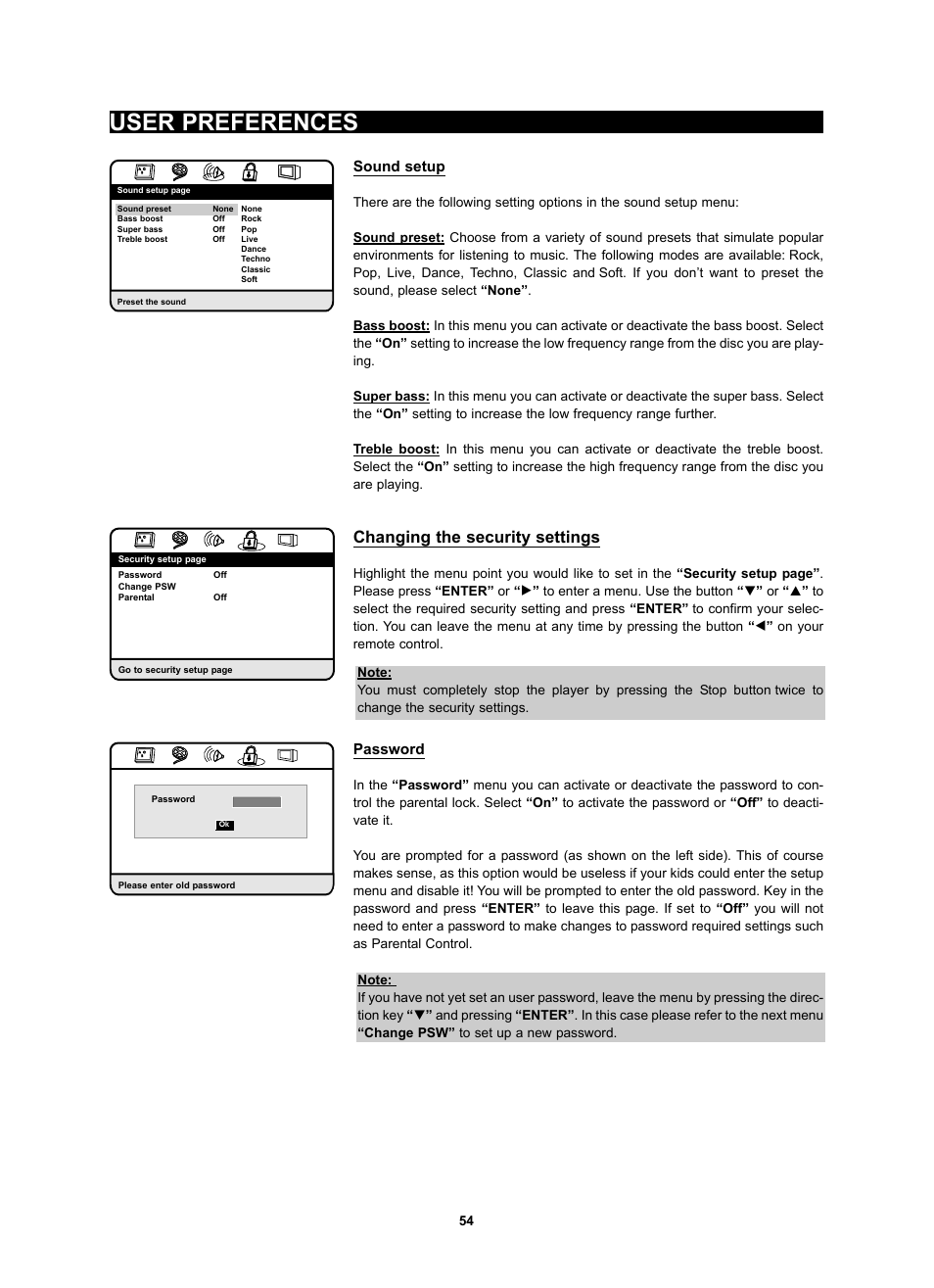 User preferences, Changing the security settings, Sound setup | Password | Kodak 4620 User Manual | Page 53 / 63