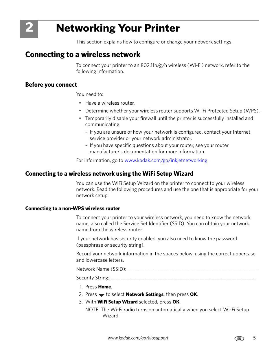 Networking your printer, Connecting to a wireless network, Before you connect | Connecting to a non-wps wireless router, 2 networking your printer | Kodak ESP 9200 User Manual | Page 11 / 106