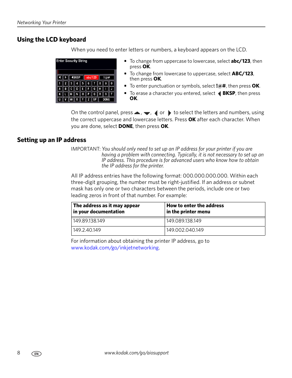 Using the lcd keyboard, Setting up an ip address, Using the lcd keyboard setting up an ip address | Using the lcd | Kodak ESP 9200 User Manual | Page 14 / 106