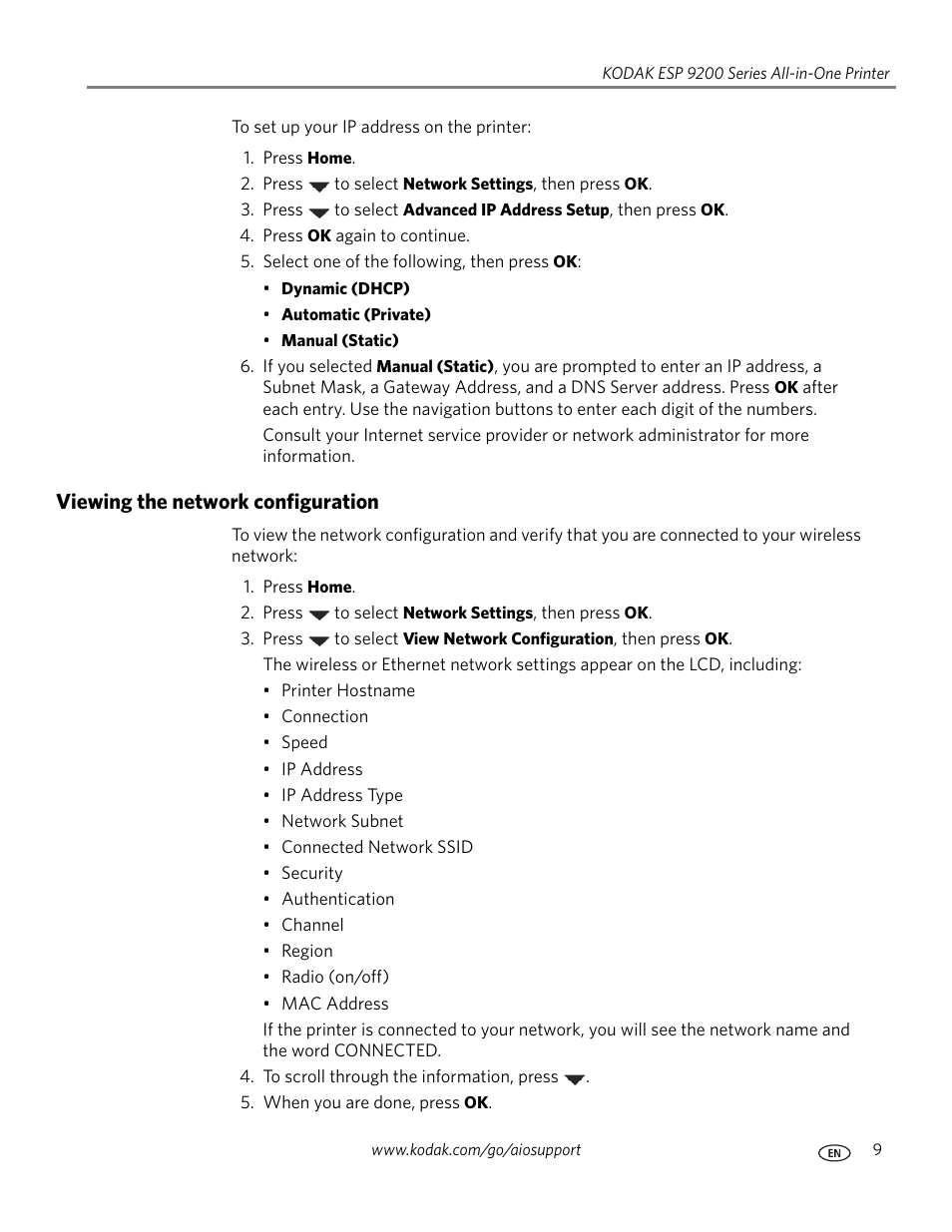 Viewing the network configuration | Kodak ESP 9200 User Manual | Page 15 / 106