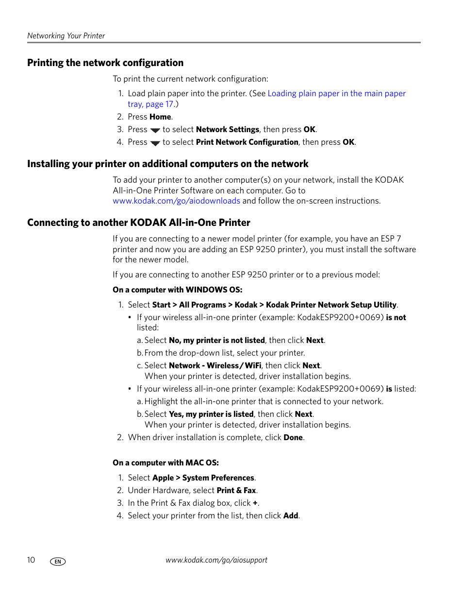 Printing the network configuration, Connecting to another kodak all-in-one printer | Kodak ESP 9200 User Manual | Page 16 / 106