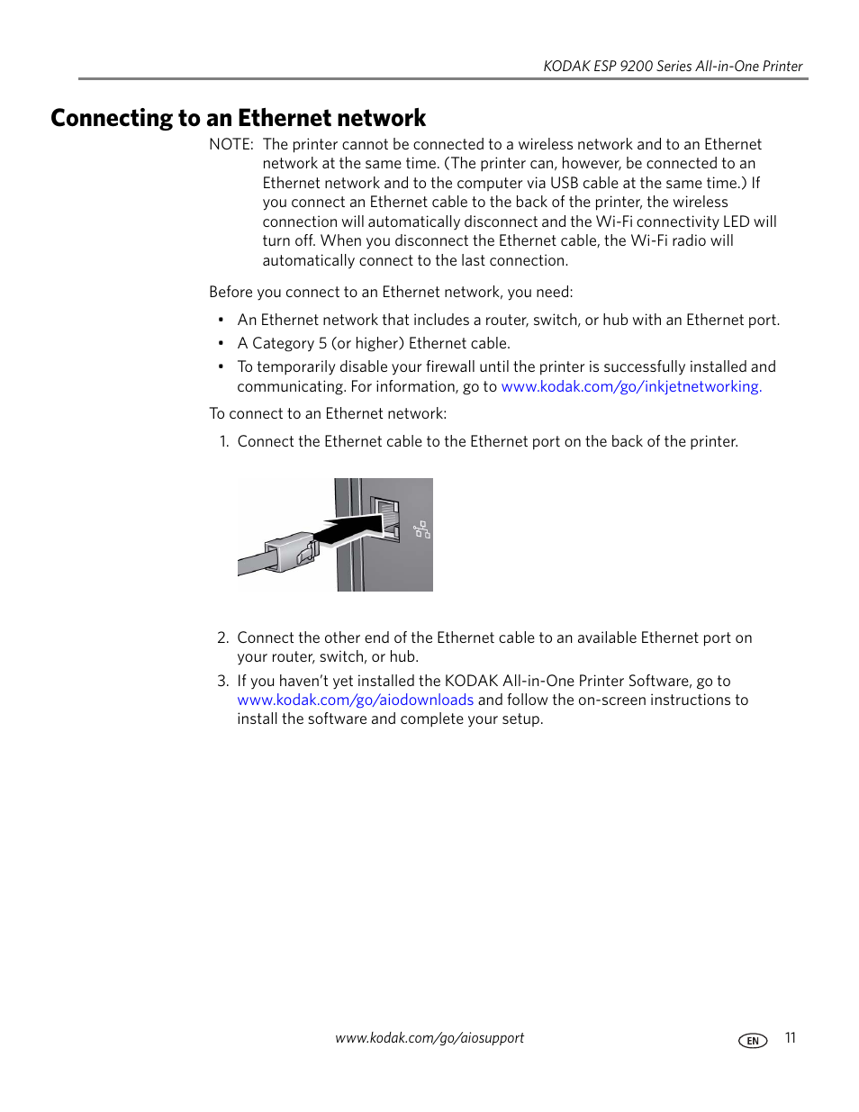 Connecting to an ethernet network | Kodak ESP 9200 User Manual | Page 17 / 106