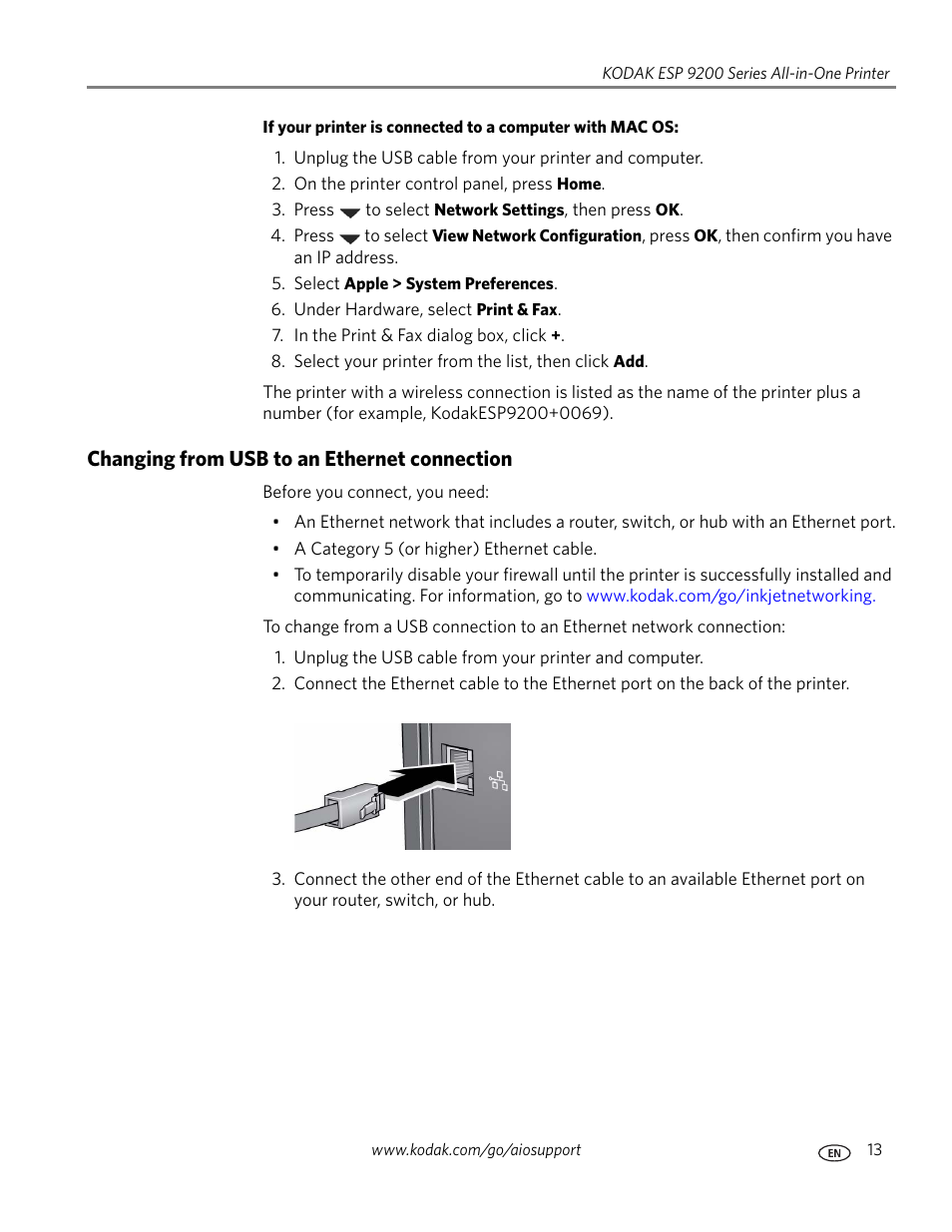 Changing from usb to an ethernet connection | Kodak ESP 9200 User Manual | Page 19 / 106