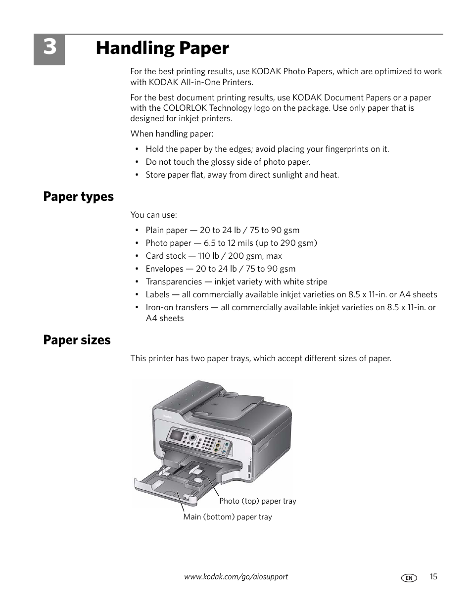 Handling paper, Paper types, Paper sizes | 3 handling paper, Paper types paper sizes | Kodak ESP 9200 User Manual | Page 21 / 106