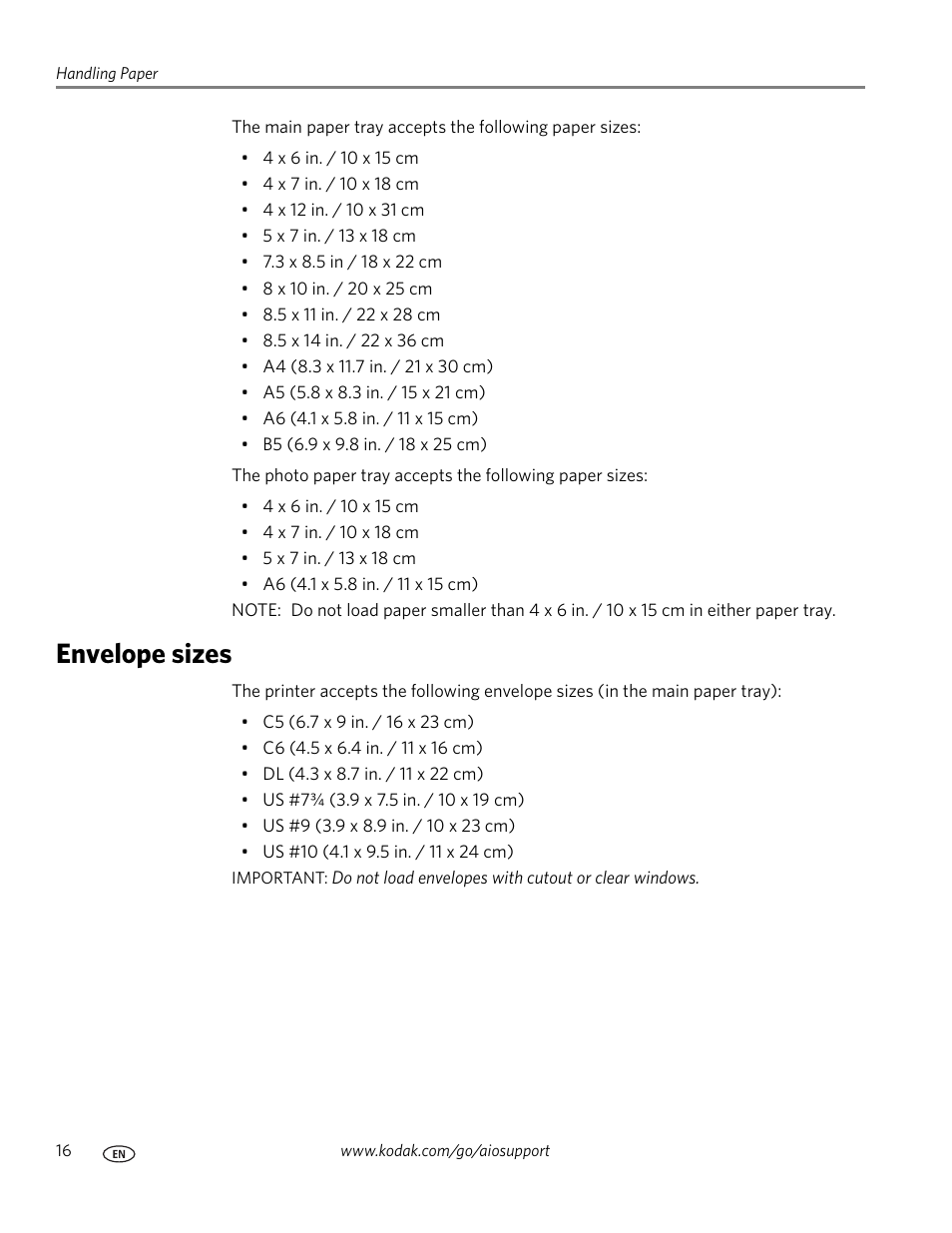 Envelope sizes | Kodak ESP 9200 User Manual | Page 22 / 106