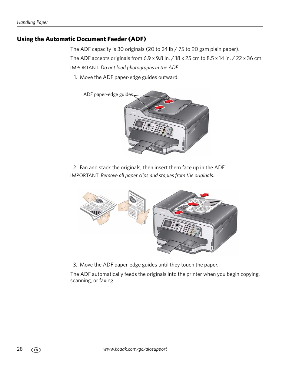 Using the automatic document feeder (adf) | Kodak ESP 9200 User Manual | Page 34 / 106