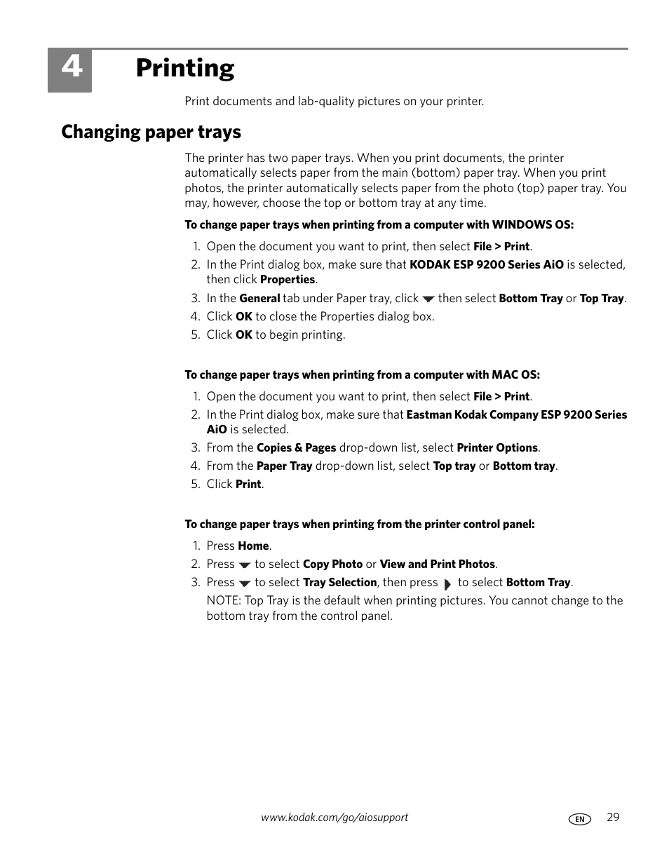 Printing, Changing paper trays, 4 printing | Kodak ESP 9200 User Manual | Page 35 / 106