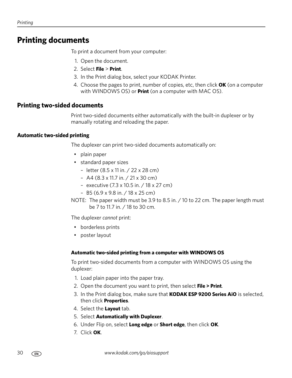 Printing documents, Printing two-sided documents, Automatic two-sided printing | Kodak ESP 9200 User Manual | Page 36 / 106