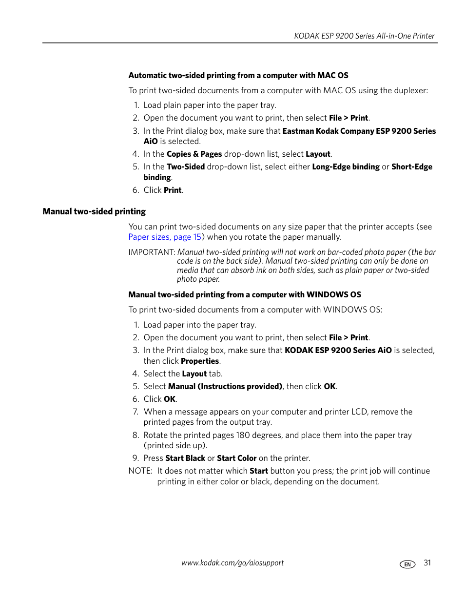 Manual two-sided printing | Kodak ESP 9200 User Manual | Page 37 / 106