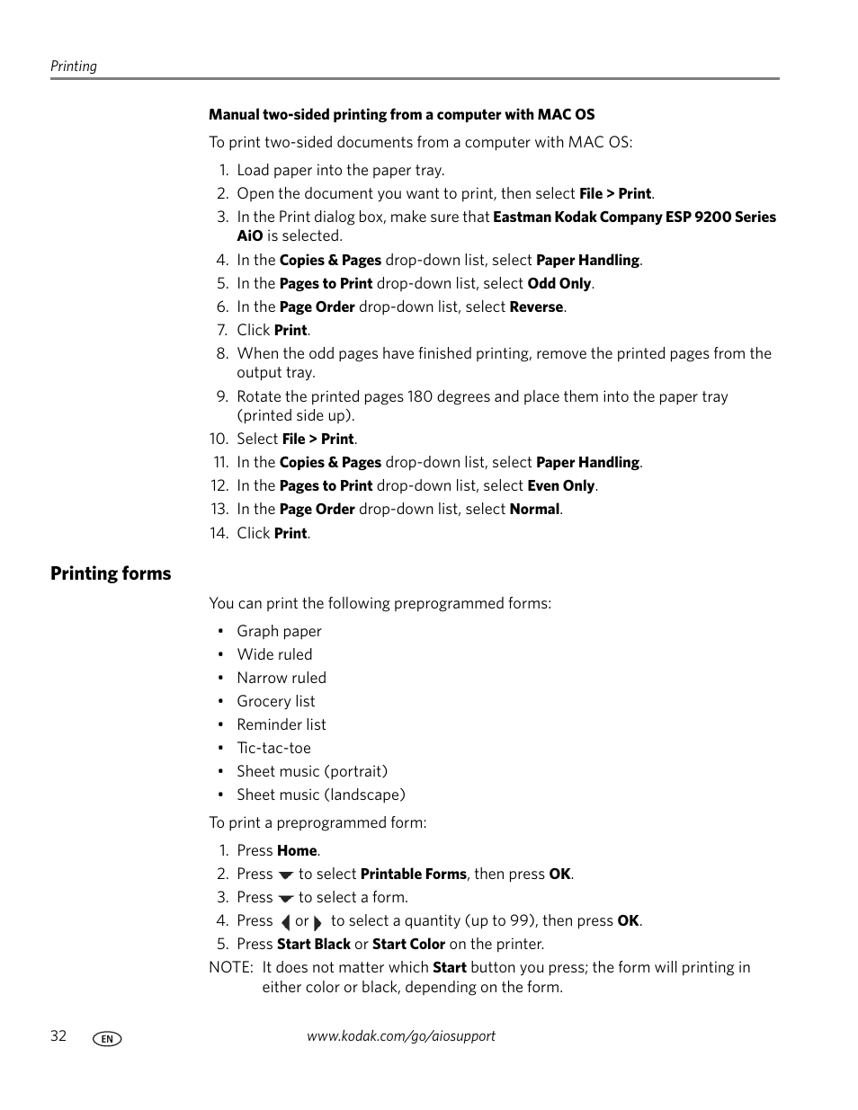 Printing forms | Kodak ESP 9200 User Manual | Page 38 / 106