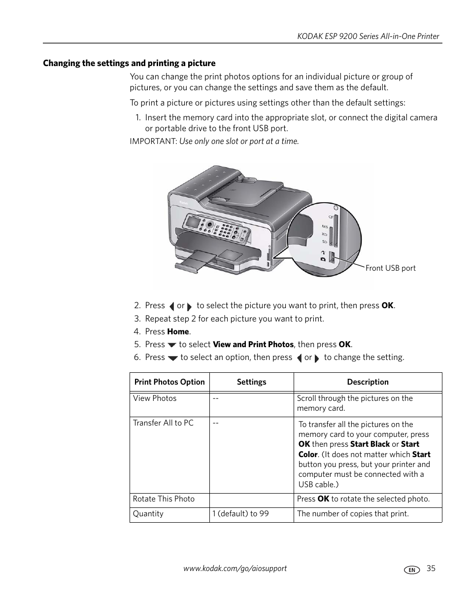 Changing the settings and printing a picture | Kodak ESP 9200 User Manual | Page 41 / 106