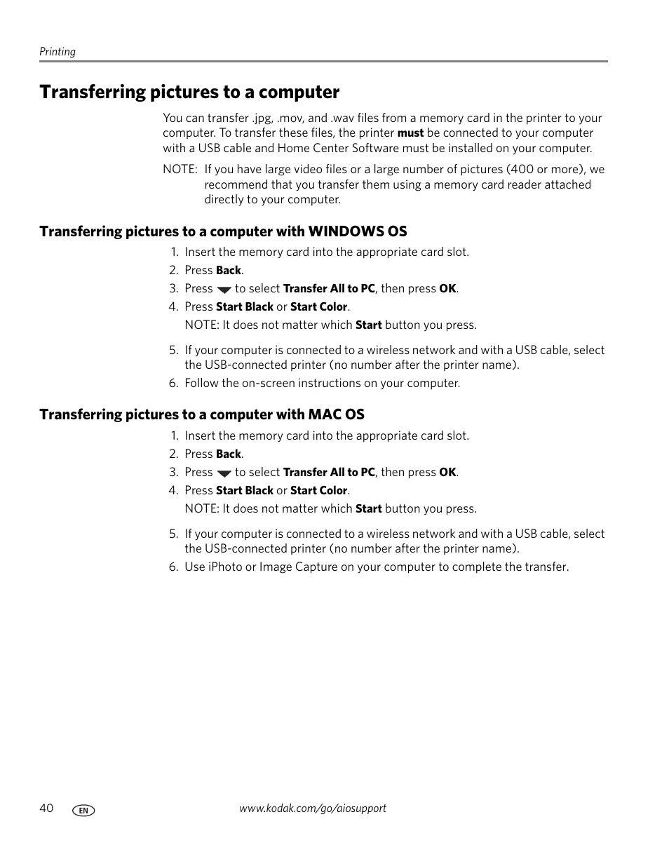 Transferring pictures to a computer, Transferring pictures to a computer with mac os | Kodak ESP 9200 User Manual | Page 46 / 106