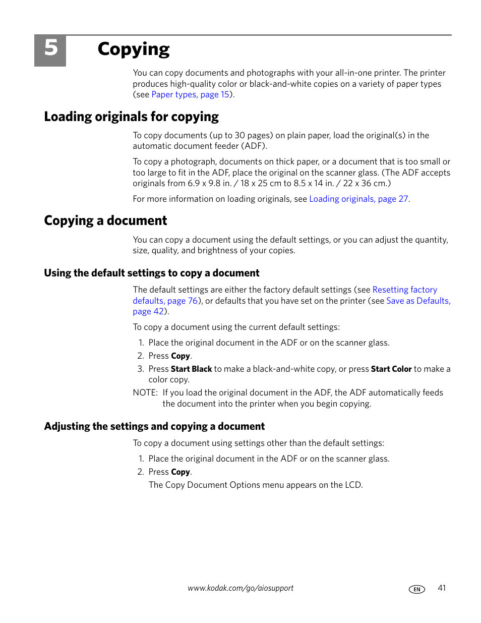 Copying, Loading originals for copying, Copying a document | Using the default settings to copy a document, Adjusting the settings and copying a document, 5 copying, Loading originals for copying copying a document | Kodak ESP 9200 User Manual | Page 47 / 106