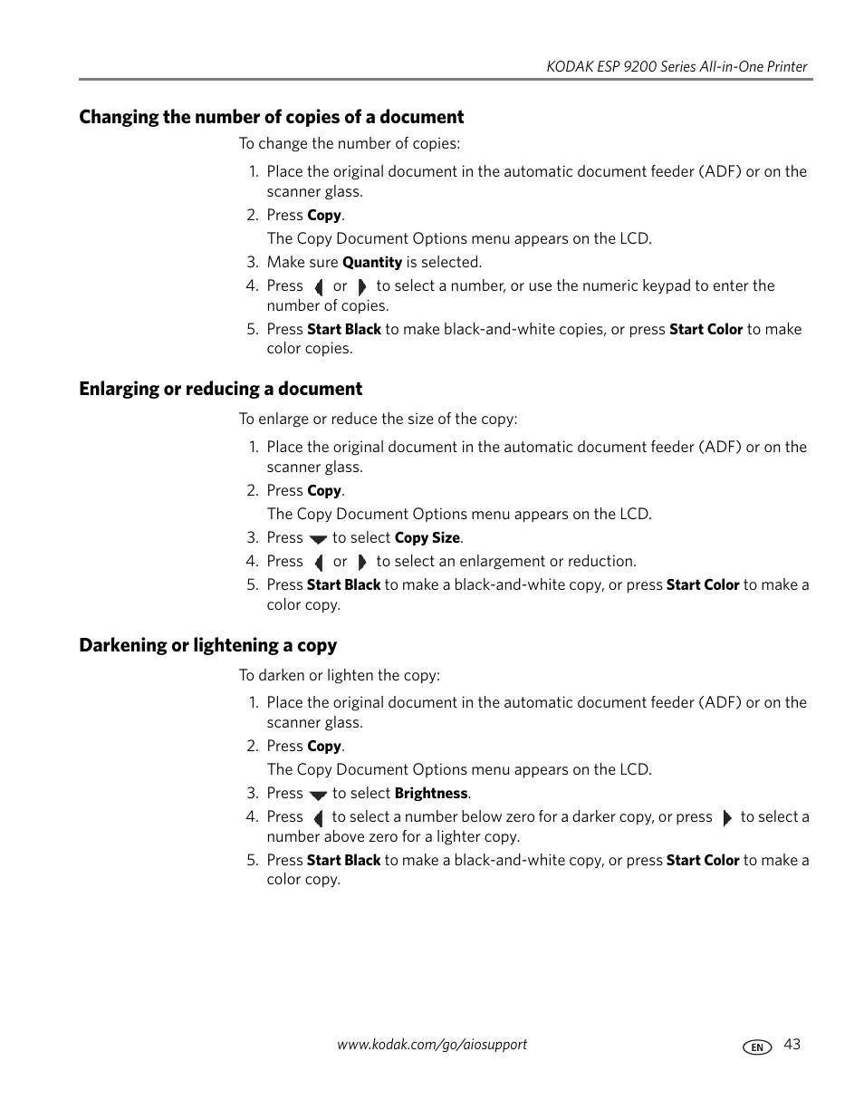 Changing the number of copies of a document, Enlarging or reducing a document, Darkening or lightening a copy | Kodak ESP 9200 User Manual | Page 49 / 106