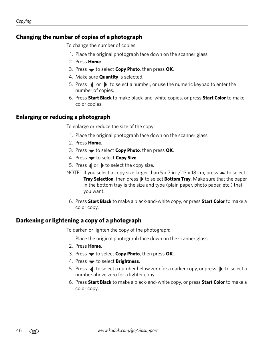 Changing the number of copies of a photograph, Enlarging or reducing a photograph, Darkening or lightening a copy of a photograph | Kodak ESP 9200 User Manual | Page 52 / 106