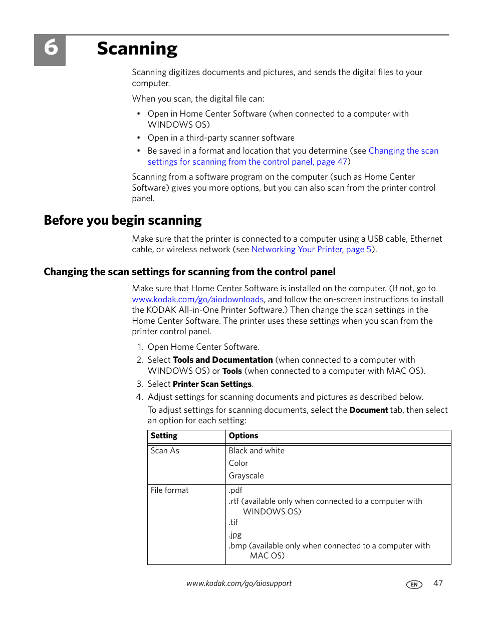 Scanning, Before you begin scanning, 6 scanning | Kodak ESP 9200 User Manual | Page 53 / 106