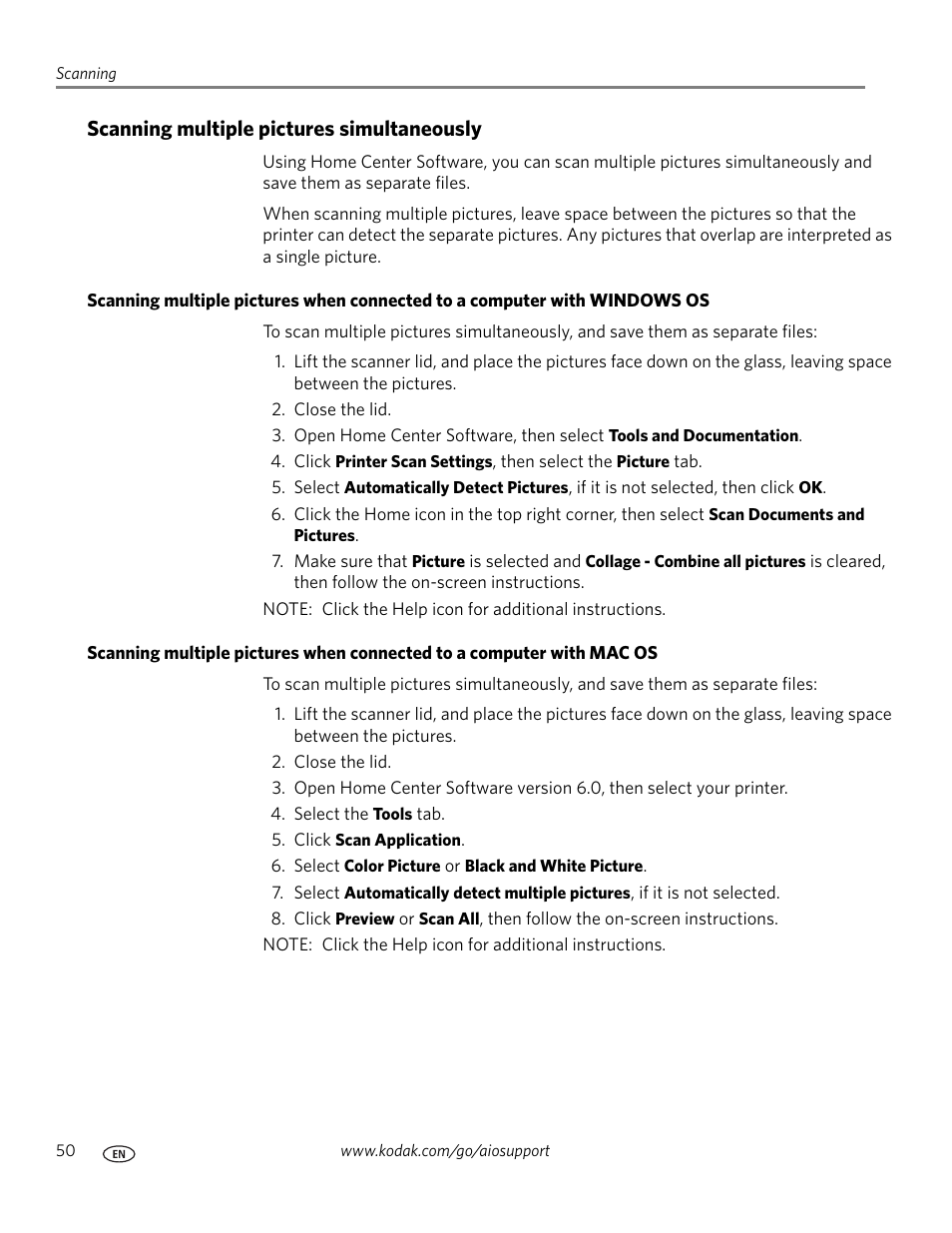 Scanning multiple pictures simultaneously | Kodak ESP 9200 User Manual | Page 56 / 106