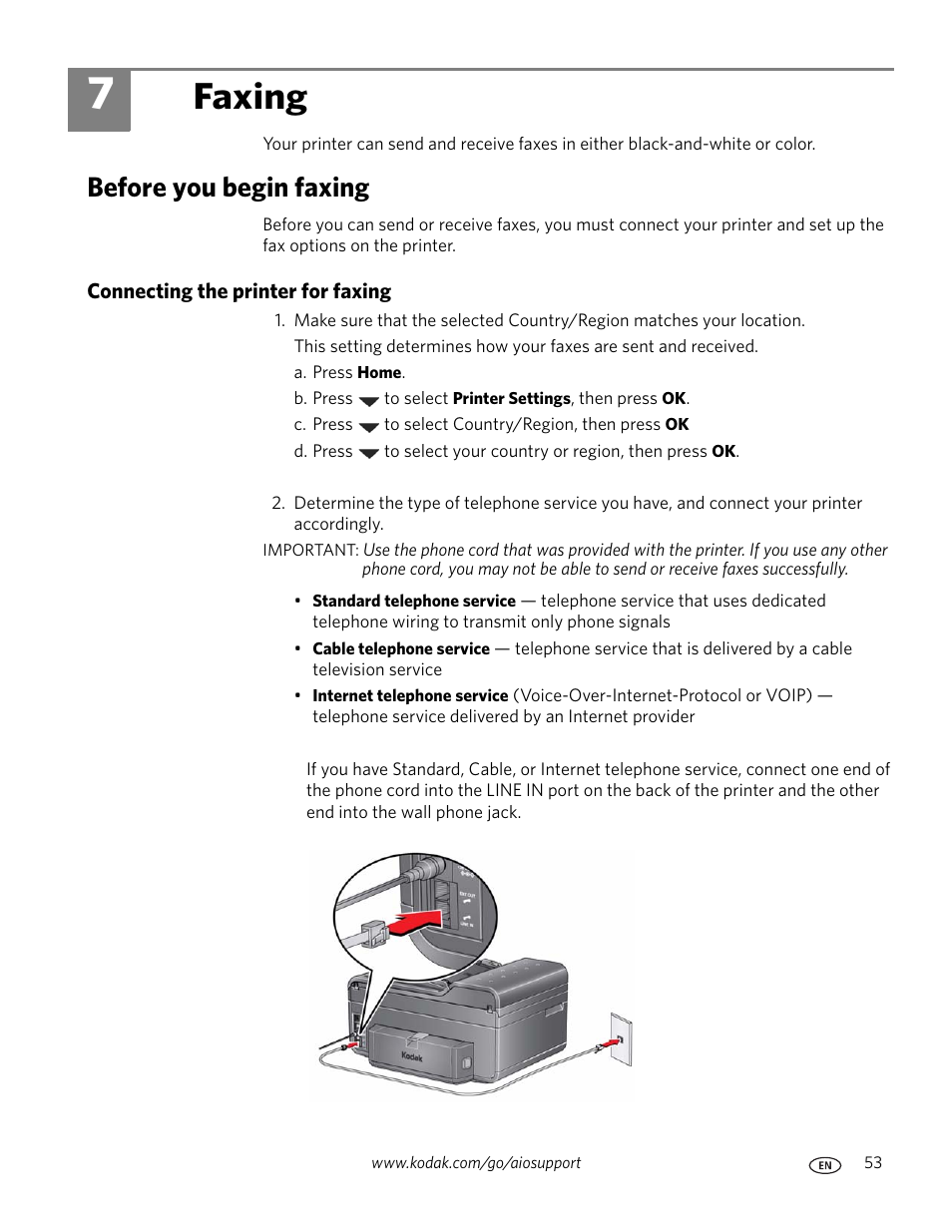 Faxing, Before you begin faxing, Connecting the printer for faxing | 7 faxing | Kodak ESP 9200 User Manual | Page 59 / 106