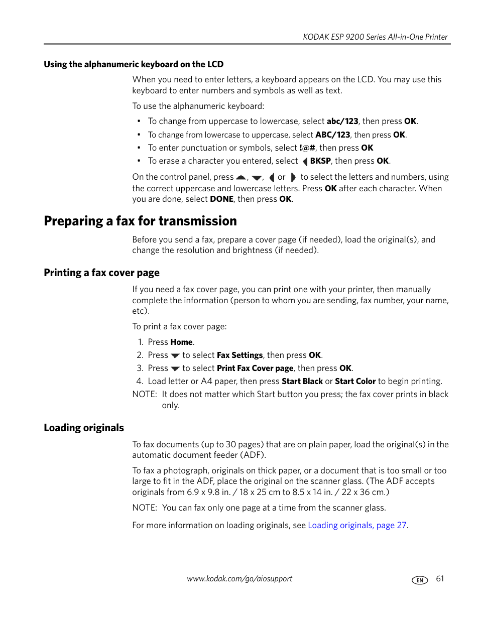 Using the alphanumeric keyboard on the lcd, Preparing a fax for transmission, Loading originals | Using the, Using the alphanumeric keyboard on the, Or the numeric k, See using the alphanumeric keyboard on the | Kodak ESP 9200 User Manual | Page 67 / 106