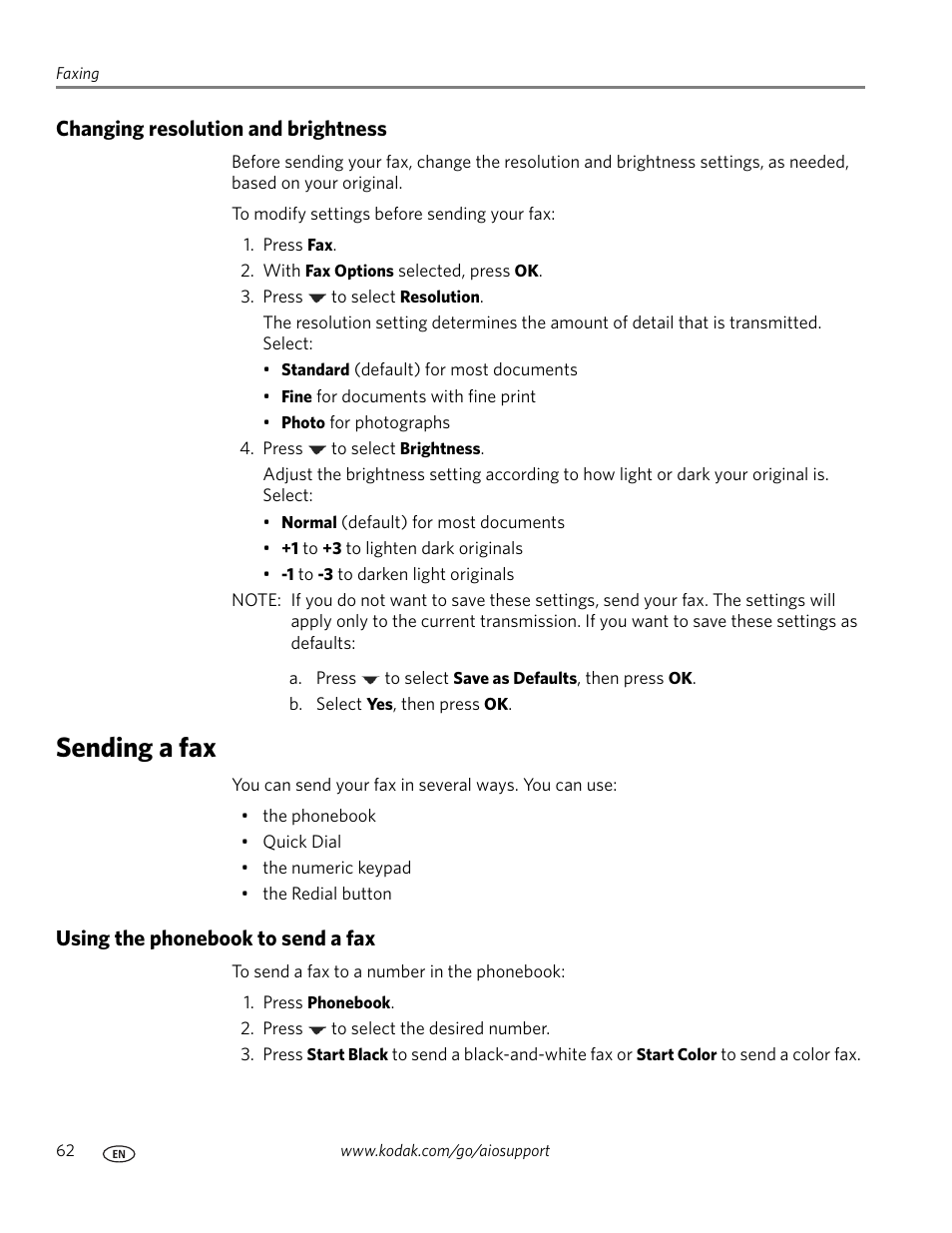 Changing resolution and brightness, Sending a fax, Using the phonebook to send a fax | Kodak ESP 9200 User Manual | Page 68 / 106