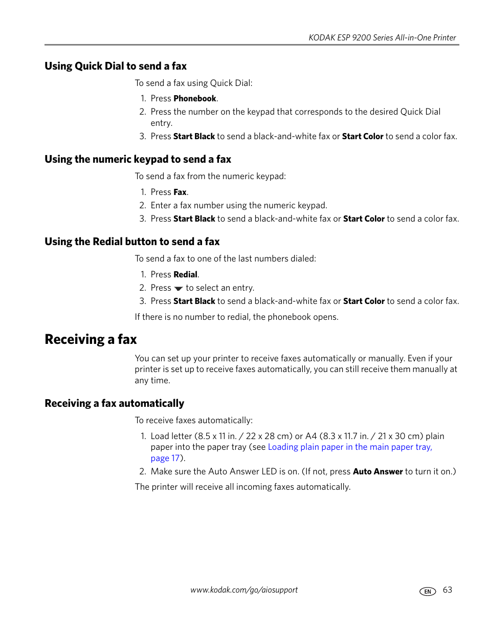 Using quick dial to send a fax, Using the numeric keypad to send a fax, Using the redial button to send a fax | Receiving a fax, Receiving a fax automatically | Kodak ESP 9200 User Manual | Page 69 / 106