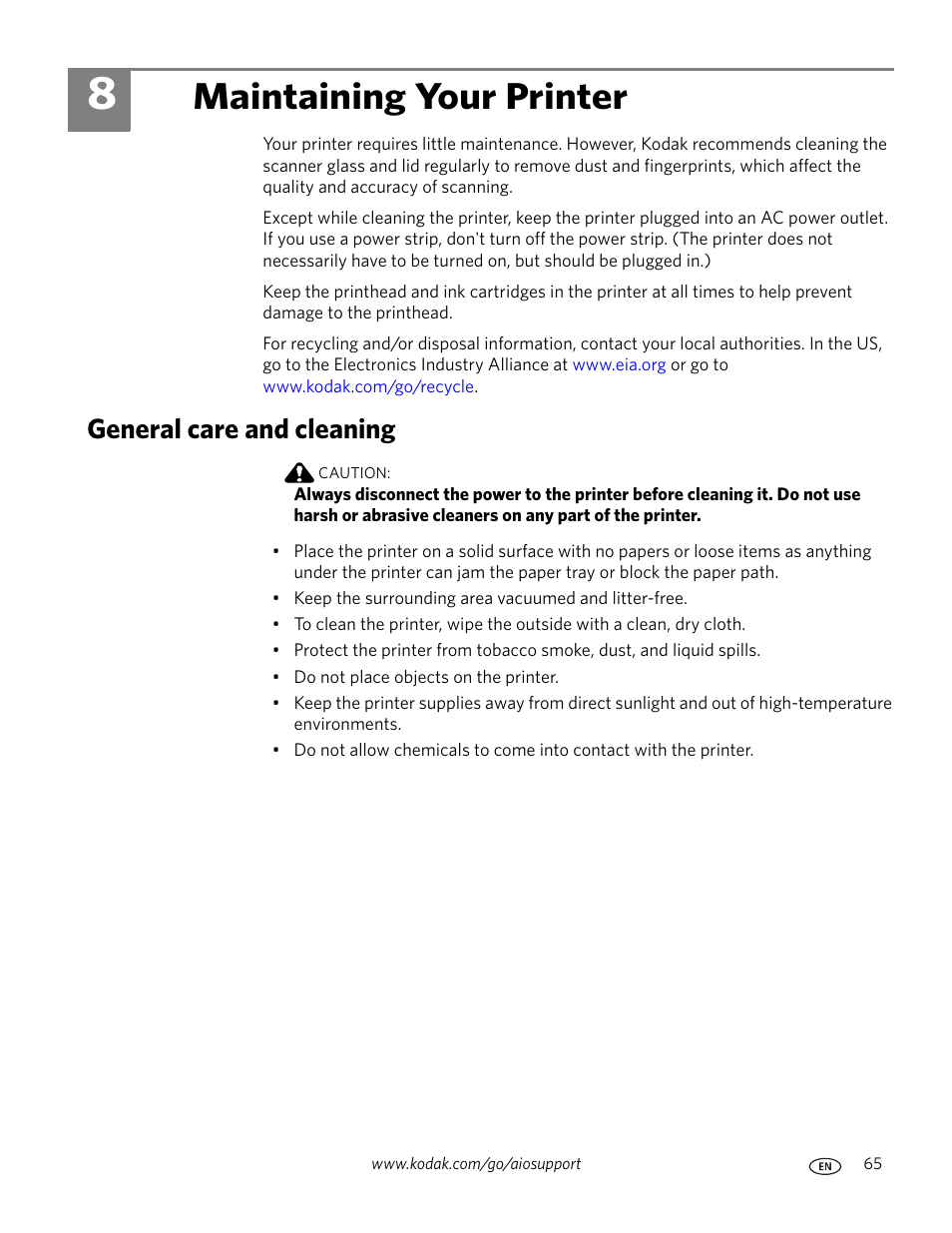 Maintaining your printer, General care and cleaning, 8 maintaining your printer | Kodak ESP 9200 User Manual | Page 71 / 106