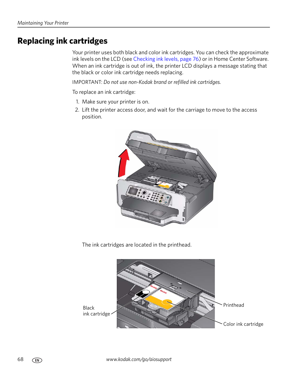 Replacing ink cartridges | Kodak ESP 9200 User Manual | Page 74 / 106