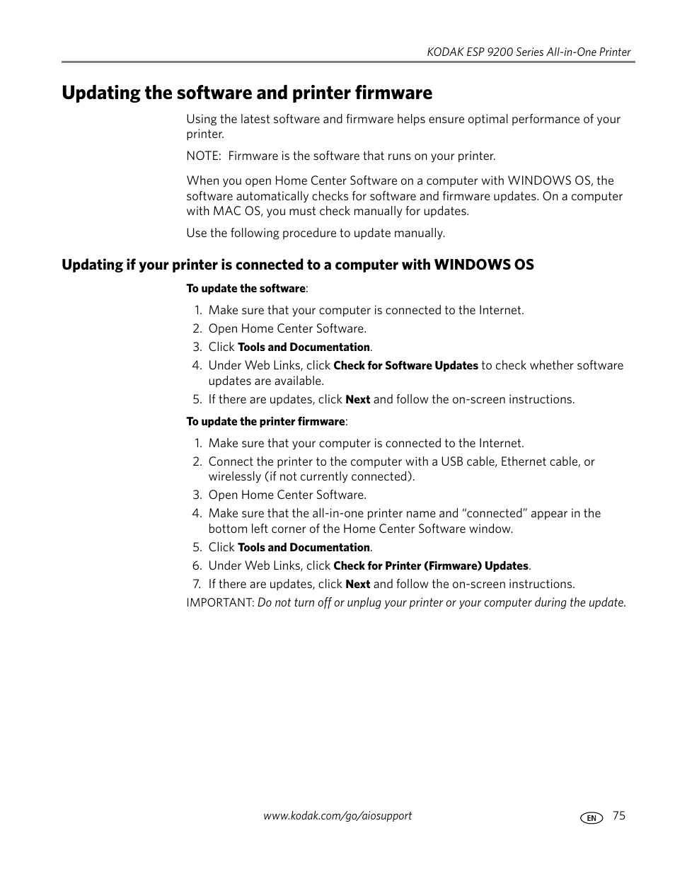 Updating the software and printer firmware | Kodak ESP 9200 User Manual | Page 81 / 106