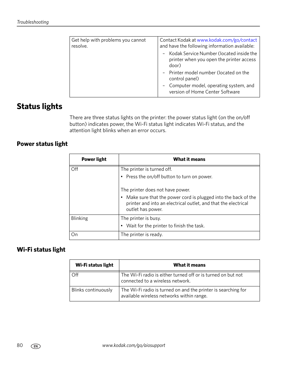 Status lights, Power status light, Wi-fi status light | Power status light wi-fi status light | Kodak ESP 9200 User Manual | Page 86 / 106