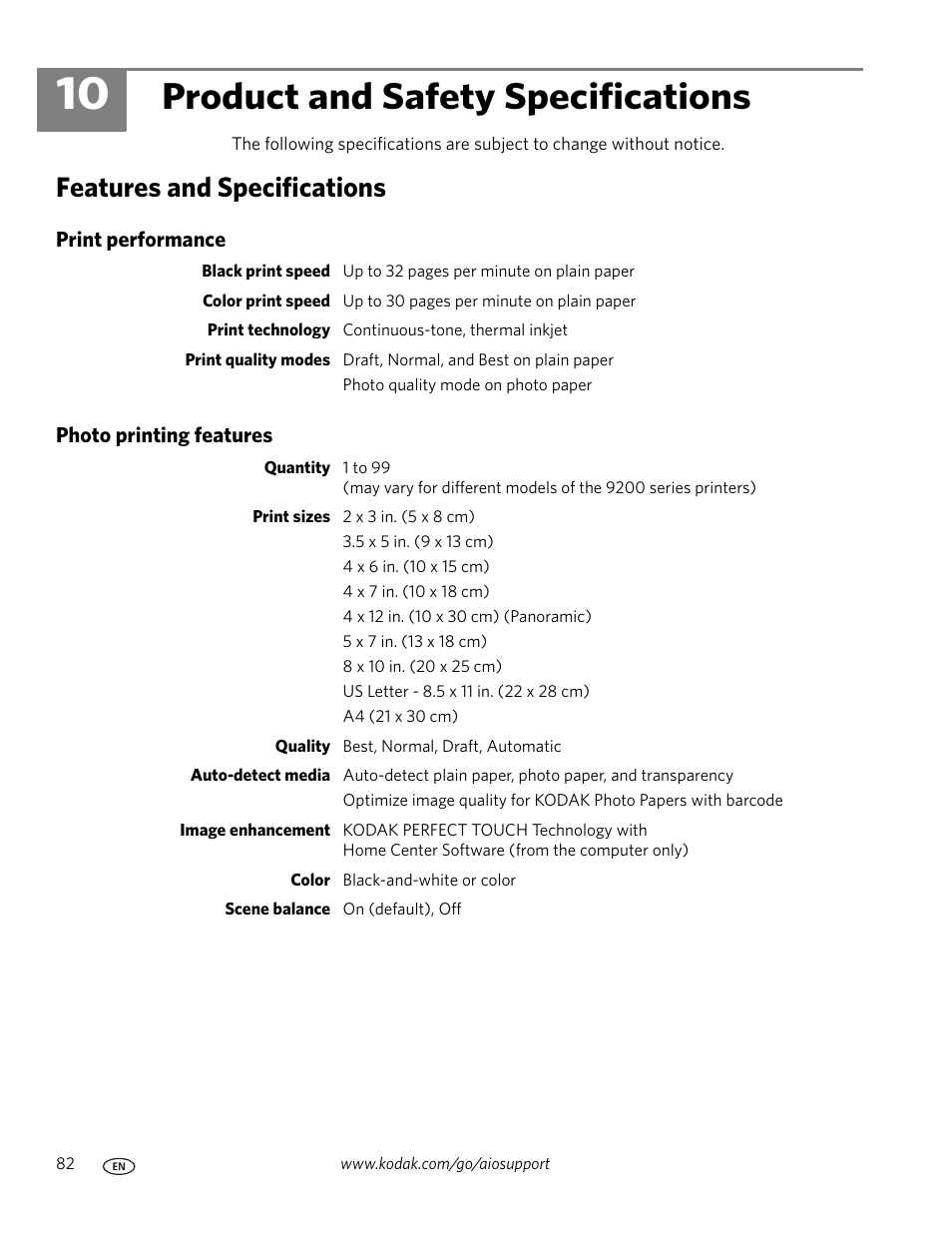 Product and safety specifications, Features and specifications, Print performance | Photo printing features, 10 product and safety specifications, Print performance photo printing features | Kodak ESP 9200 User Manual | Page 88 / 106