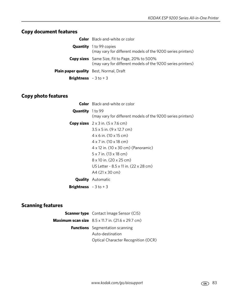 Copy document features, Copy photo features, Scanning features | Kodak ESP 9200 User Manual | Page 89 / 106