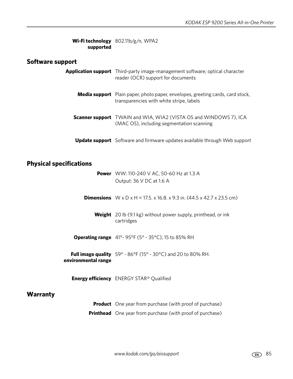 Software support, Physical specifications, Warranty | Software support physical specifications warranty | Kodak ESP 9200 User Manual | Page 91 / 106