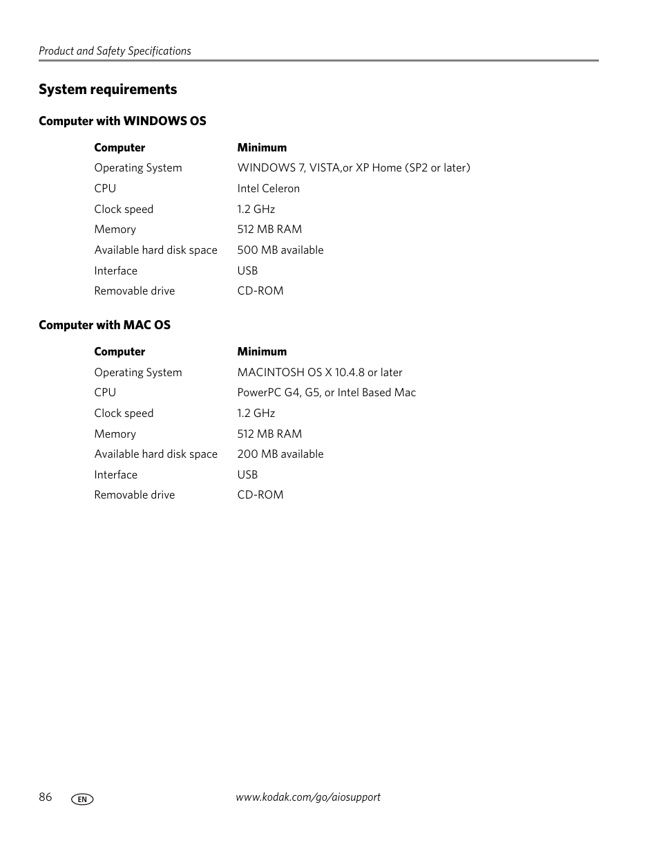 System requirements, Computer with windows os, Computer with mac os | Kodak ESP 9200 User Manual | Page 92 / 106