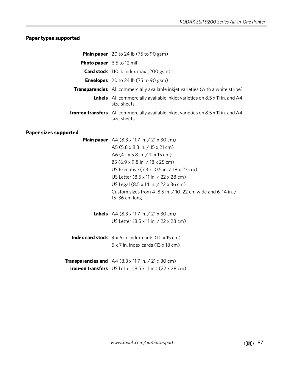 Paper types supported, Paper sizes supported | Kodak ESP 9200 User Manual | Page 93 / 106