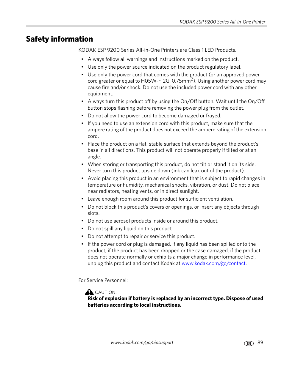 Safety information | Kodak ESP 9200 User Manual | Page 95 / 106