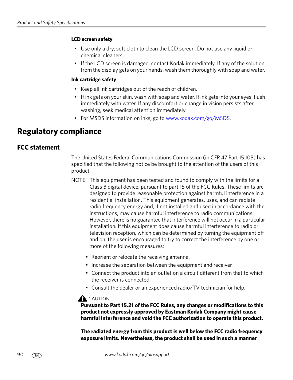 Regulatory compliance, Fcc statement | Kodak ESP 9200 User Manual | Page 96 / 106