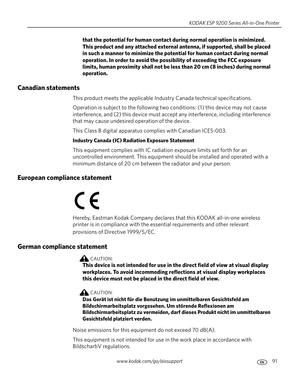 Canadian statements, European compliance statement, German compliance statement | Kodak ESP 9200 User Manual | Page 97 / 106