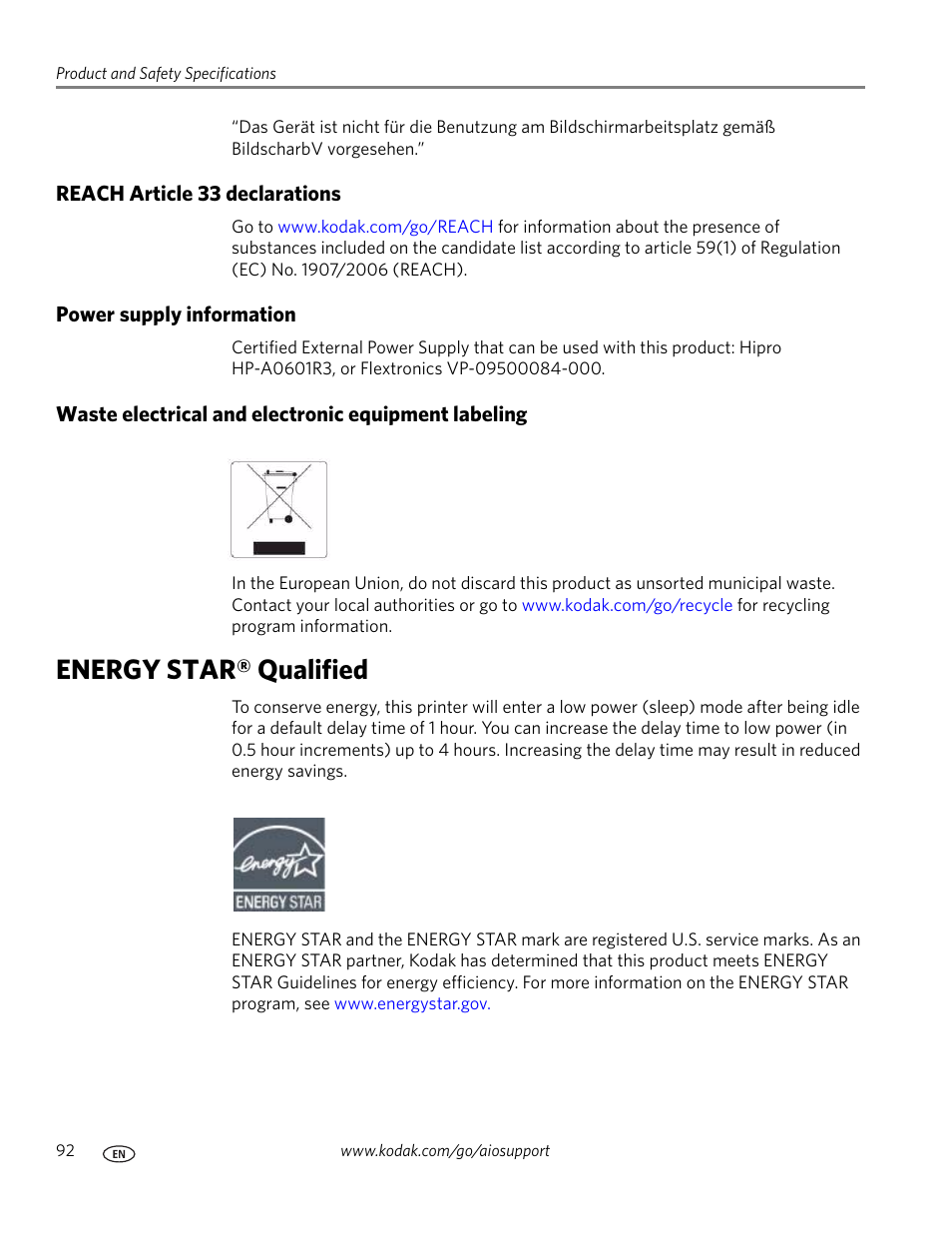 Reach article 33 declarations, Power supply information, Waste electrical and electronic equipment labeling | Energy star® qualified | Kodak ESP 9200 User Manual | Page 98 / 106