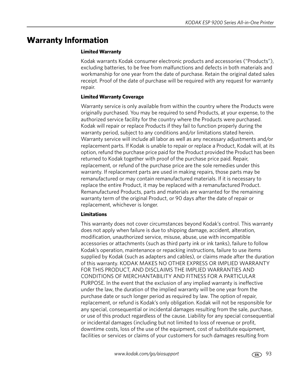 Warranty information | Kodak ESP 9200 User Manual | Page 99 / 106