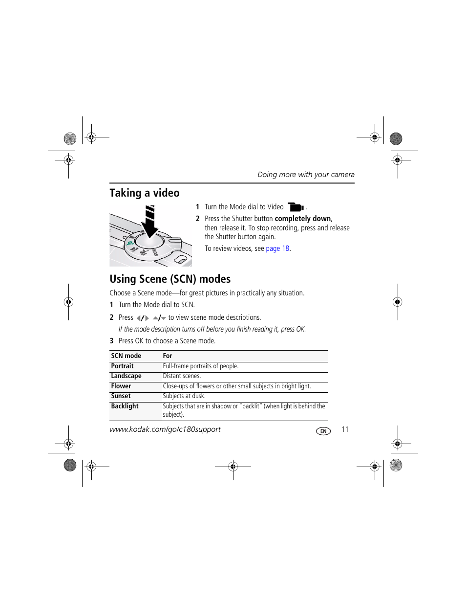 Taking a video, Using scene (scn) modes | Kodak C160 User Manual | Page 11 / 27