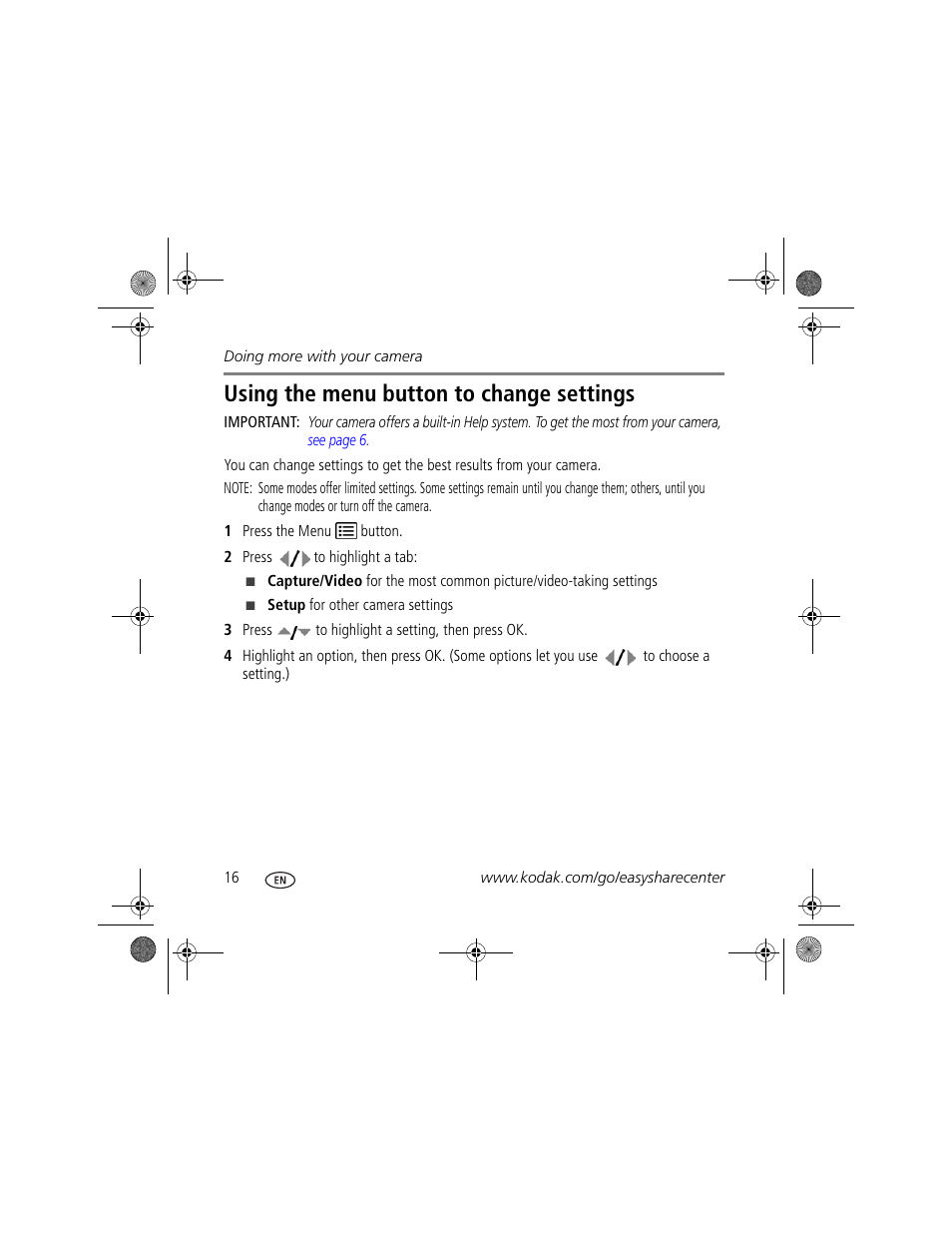 Using the menu button to change settings | Kodak C160 User Manual | Page 16 / 27