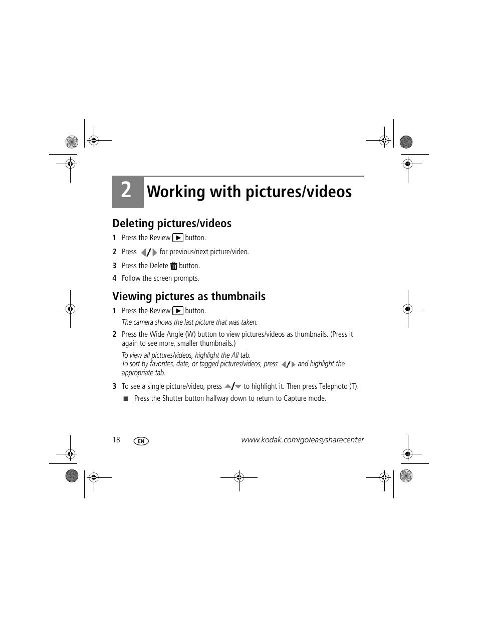 Working with pictures/videos, Deleting pictures/videos, Viewing pictures as thumbnails | Kodak C160 User Manual | Page 18 / 27