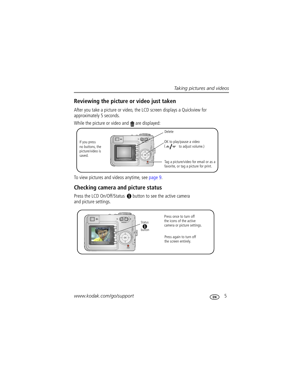 Reviewing the picture or video just taken, Checking camera and picture status | Kodak EasyShare C340 User Manual | Page 11 / 74