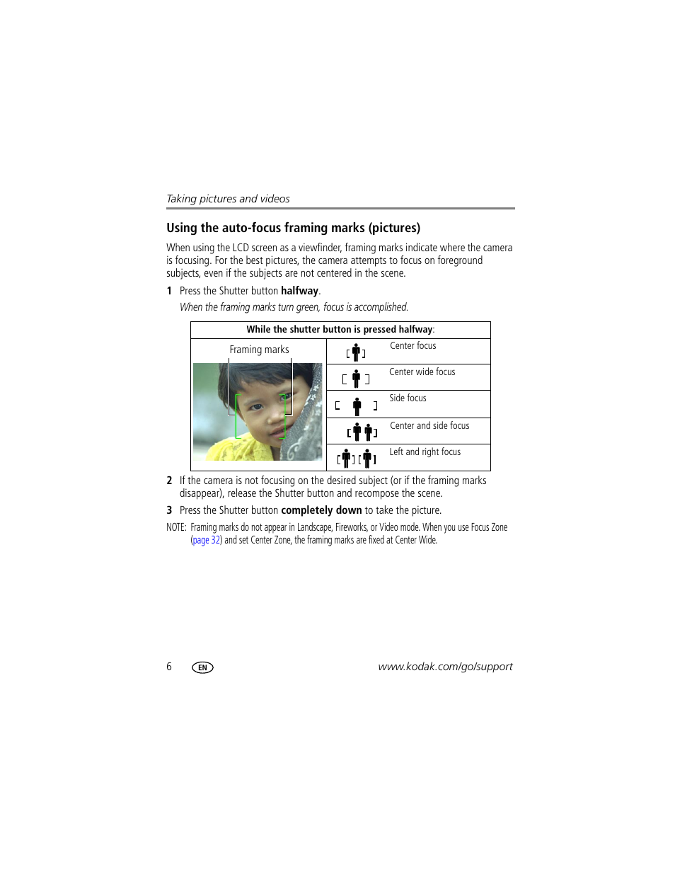 Using the auto-focus framing marks (pictures) | Kodak EasyShare C340 User Manual | Page 12 / 74