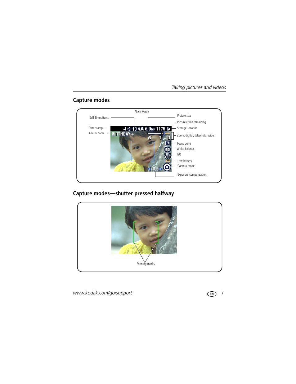 Capture modes, Capture modes-shutter pressed halfway | Kodak EasyShare C340 User Manual | Page 13 / 74