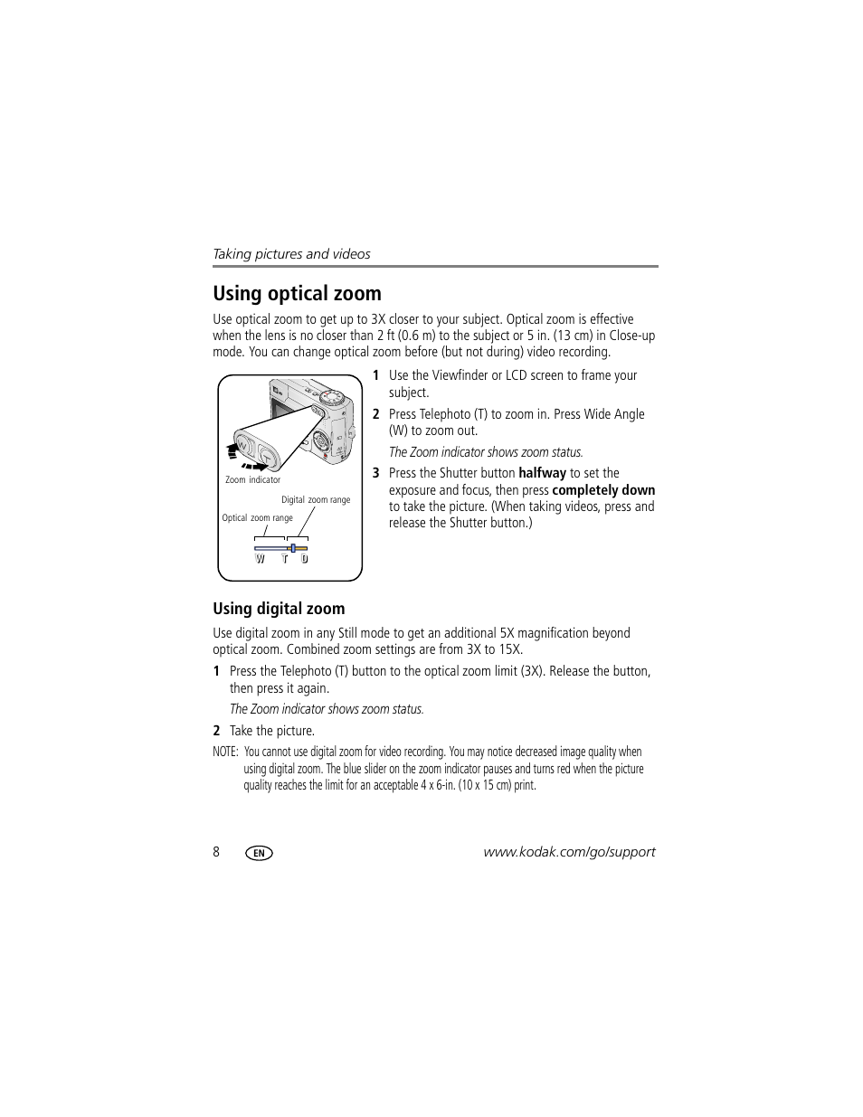 Using optical zoom, Using digital zoom | Kodak EasyShare C340 User Manual | Page 14 / 74