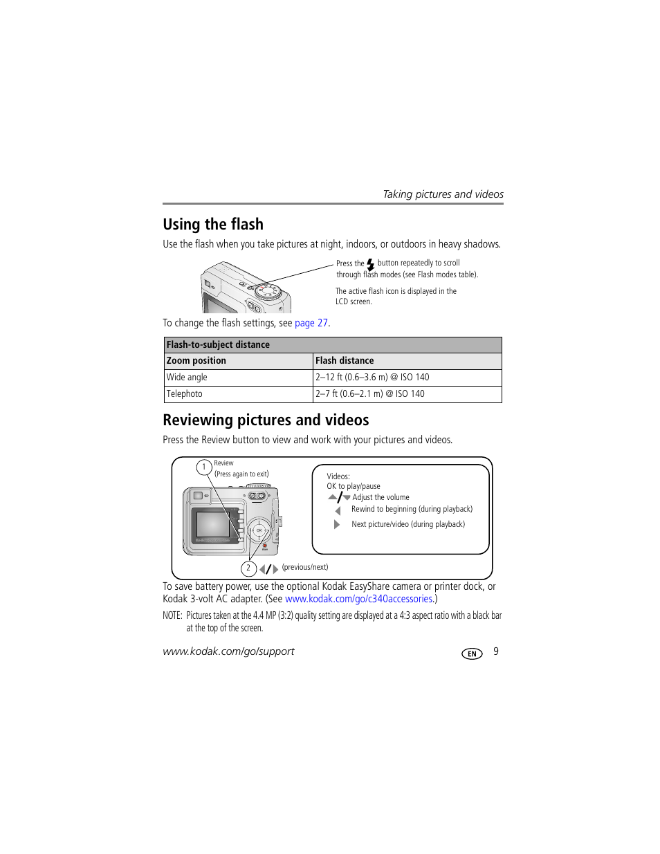 Using the flash, Reviewing pictures and videos, Using the flash reviewing pictures and videos | Kodak EasyShare C340 User Manual | Page 15 / 74
