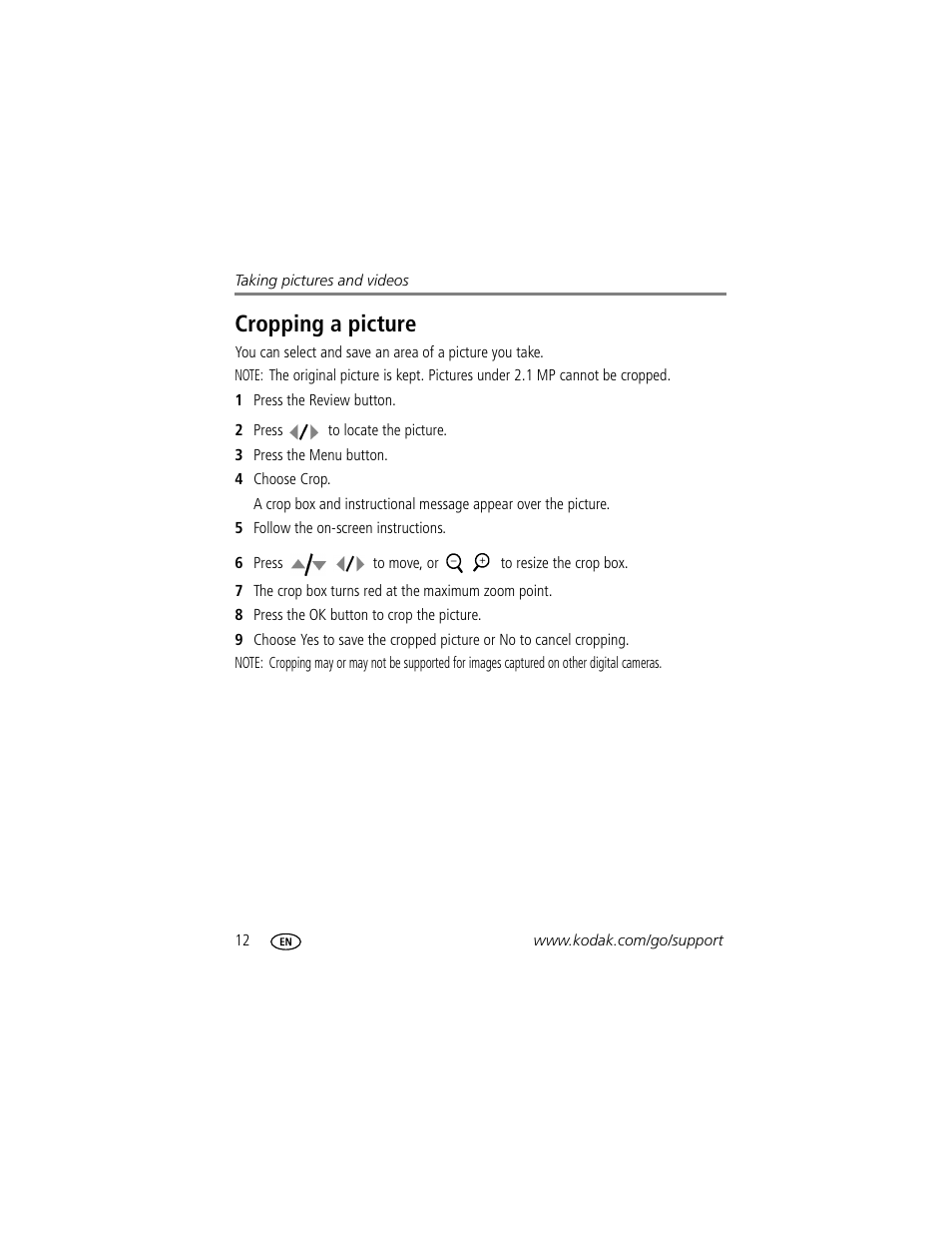 Cropping a picture | Kodak EasyShare C340 User Manual | Page 18 / 74